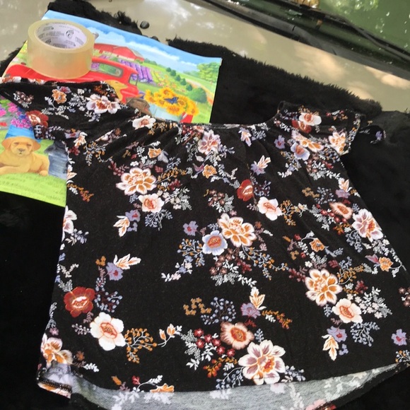 Pink Rose Black Floral Blouse Elastic Neckline Keyhole Tie Sleeves Rounded Hem M - Picture 12 of 13